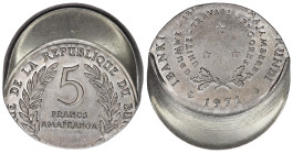Burundi, 5 francs 1971 BU, strike error. About 1/3 off center. Rare.