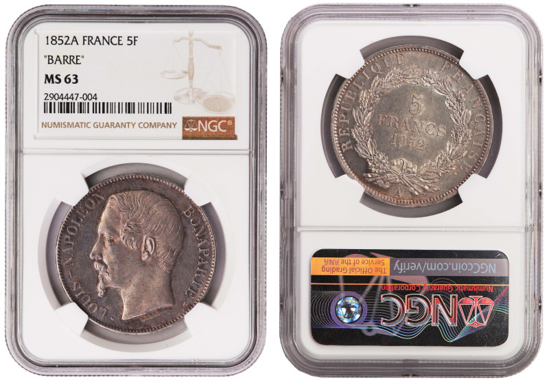 KM #773.1; F.329/1; Gad-726; FRANCE, First Republic (1848-1851), Napoleon III Pa...