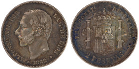 Spain, 2 pesetas 1882. Alfonso XII. Rainbow tone.