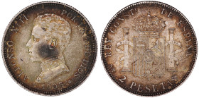 Spain, 2 pesetas 1905. Alfonso XIII. Strong luster, Rainbow tone.
