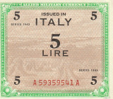 Italy 5 Lire 1943 Military Currency WWII