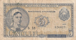 Romania 5 Lei 1952 Blue series and serial #