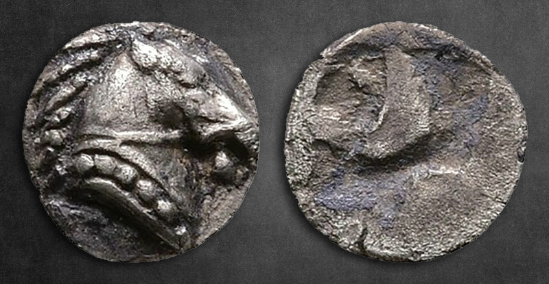 Aiolis. Kyme circa 480-450 BC. 
Tetartemorion AR

5 mm, 0,18 g

Horse's hea...