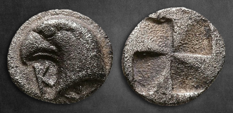 Aiolis. Kyme circa 450-400 BC. 
Hemiobol AR

8 mm, 0,45 g

Head of eagle le...