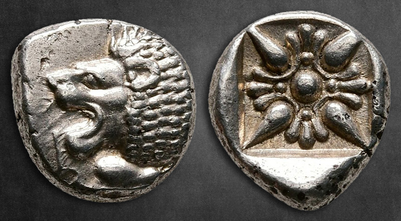 Ionia. Miletos circa 525-475 BC. 
Diobol AR

10 mm, 1,23 g

Forepart of lio...