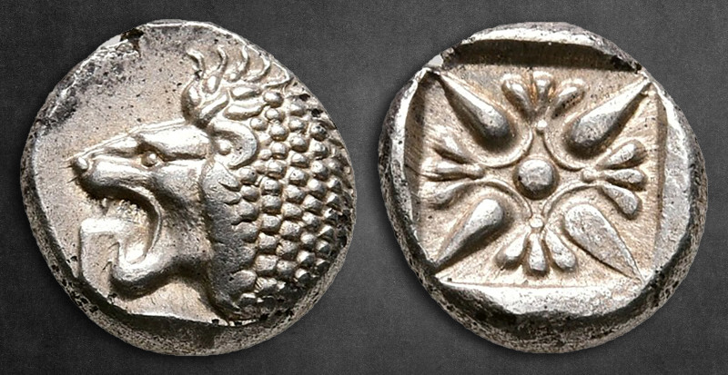 Ionia. Miletos circa 525-475 BC. 
Diobol AR

9 mm, 1,10 g

Forepart of lion...