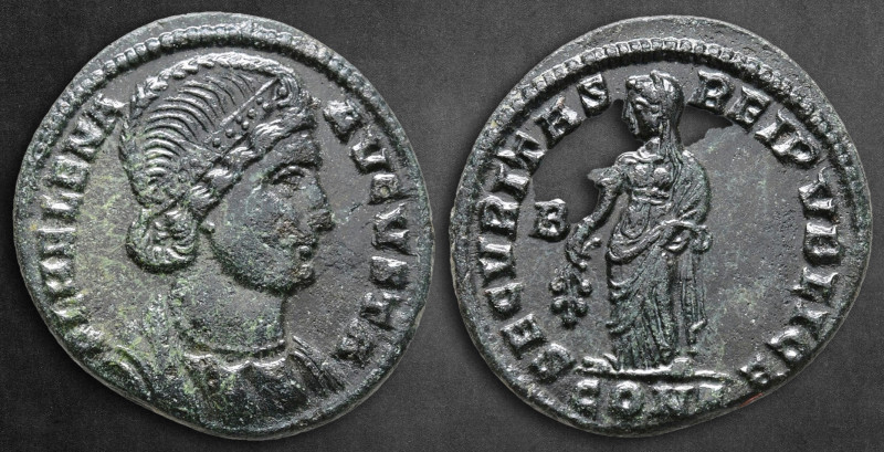 Helena. Augusta AD 328-329. Constantinople
Follis Æ

19 mm, 2,90 g

F L HEL...
