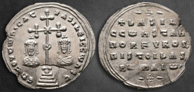 Basil II Bulgaroktonos, with Constantine VIII AD 976-1025. Constantinople. Miliaresion AR
