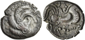 GALLIEN. ARMORICA 
Coriosolites. Stater ø 21mm (6,10g). ca. 100 - 50 v. Chr. Vs.: Stilisierter Kopf mit Locken n. r. Rs.: Stilisiertes Pferd n. r. D ...