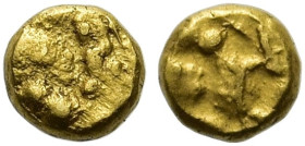 BÖHMEN UND SLOWAKEI. BOIER 
Athena Alkis-Reihe? 1/48 Stater ø 4mm (0,16g). 2. Jh. v. Chr. Vs.: Unregelmäßige Buckel. Rs.: Stehende Figur mit Schild(?...