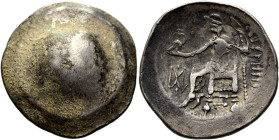 MITTLERE UND UNTERE DONAU. PHILIPP III.-NACHAHMUNGEN 
Tetradrachme ø 29mm (14,51g). Vs.: Buckel mit Resten des Herakles­kopfes. Rs.: Thronender Zeus ...