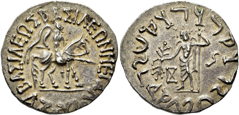 INDO-SKYTHEN. 
Azes, ca. 58 - 12 v. Chr. Tetradrachme ø 27mm (9,64g). Mzst. im ...