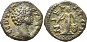 BITHYNIEN. NIKAIA 
Geta als Caesar, 198 - 209 n. Chr. AE ø 15mm (2,08g). Vs.: Λ ΣΕΠΤΙ ΓΕΤΑΣ ΚΑΙ, Kopf n. r. Rs.: ΝΙΚΑ-ΙΕΩΝ, Nemesis mit Stab u. Rad, ...