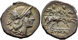 RÖMISCHE REPUBLIK. RÖMISCHE REPUBLIK NACH 211 V. CHR 
Anonym, ab 211 v. Chr. Denar ø 20mm (3,80g). Mzst. Rom. Vs.: Behelmter Kopf der Roma n. r., dah...