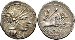 RÖMISCHE REPUBLIK. RÖMISCHE REPUBLIK NACH 211 V. CHR 
Cn. Papirius Carbo, 121 v. Chr. Denar ø 20mm (3,92g). Mzst. Rom. Vs.: Kopf der Roma n. r., dahi...