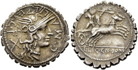 RÖMISCHE REPUBLIK. RÖMISCHE REPUBLIK NACH 211 V. CHR 
L. Licinius Crassus, Cn. Domitius Ahenobarbus u.a., 118 v. Chr. Denar ø 22mm (3,94g). Mzst. Nar...