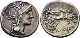 RÖMISCHE REPUBLIK. RÖMISCHE REPUBLIK NACH 211 V. CHR 
C. Claudius Pulcher, 110 oder 109 v. Chr. Denar ø 18mm (4,01g). Mzst. Rom. Vs.: Kopf der Roma n...