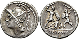 RÖMISCHE REPUBLIK. RÖMISCHE REPUBLIK NACH 211 V. CHR 
Q. Minucius Thermus, 103 v. Chr. Denar ø 20mm (3,83g). Mzst. Rom. Vs.: Behelmter Kopf des Mars ...