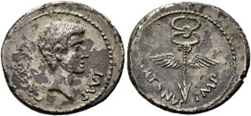 RÖMISCHE REPUBLIK. RÖMISCHE REPUBLIK NACH 211 V. CHR 
Octavian, 39 v. Chr. Denar ø 20mm (2,94g). Mzst. mobil. Vs.: IMP CAESAR, bärtiger Kopf des Okta...