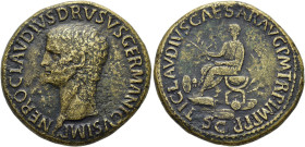 RÖMISCHE KAISERZEIT. 
Drusus maior, 38 - 9 v. Chr. AE Sesterz ø 34mm (28,06g). Geprägt unter Claudius, 42 - 43 n. Chr. Mzst. Rom. Vs.: NERO CLAVDIVS ...