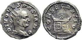 RÖMISCHE KAISERZEIT. 
Divus Vespasianus, ab 79 n. Chr. Antoninian ø 22mm (3,39g). Geprägt unter Traianus Decius, 250 - 251 n. Chr. Mzst. Mediolanum. ...