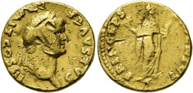 RÖMISCHE KAISERZEIT. 
Domitian als Caesar, 69 - 81 n. Chr. Aureus ø 18mm (5,19g). 75 n. Chr. Mzst. Rom. Vs.: CAES AVG F DOMIT COS III, Kopf mit Lorbe...