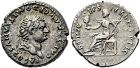 RÖMISCHE KAISERZEIT. 
Domitian als Caesar, 69 - 81 n. Chr. Denar ø 19mm (3,54g). 79 n. Chr. Mzst. Rom. Vs.: CAESAR AVG F DOMITIANVS COS VI, Kopf mit ...