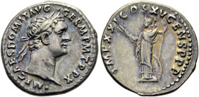 RÖMISCHE KAISERZEIT. 
Domitian, 81 - 96 n. Chr. Denar ø 19mm (3,40g). 90 - 91 n. Chr. Mzst. Rom. Vs.: IMP CAES DOMIT AVG GERM P M TR P X, Kopf mit Lo...