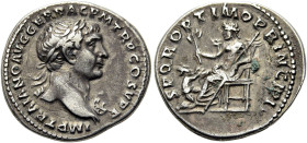 RÖMISCHE KAISERZEIT. 
Trajan, 98 - 117 n. Chr. Denar ø 19mm (3,14g). ca. 106 - 107 n. Chr. Mzst. Rom. Vs.: IMP TRAIANO AVG GER DAC P M TR P COS V P P...