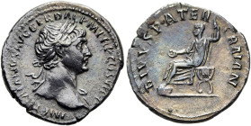 RÖMISCHE KAISERZEIT. 
Trajan, 98 - 117 n. Chr. Denar ø 19mm (2,57g). 112 - 113 n. Chr. Mzst. Rom. Vs.: IMP TRAIANVS AVG GER DAC P M TR P COS VI P P, ...