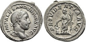RÖMISCHE KAISERZEIT. 
Severus Alexander, 222 - 235 n. Chr. Denar ø 21mm (3,40g). 232 n. Chr. Mzst. Rom. Vs.: IMP ALEXANDER PIVS AVG, Büste mit Lorbee...