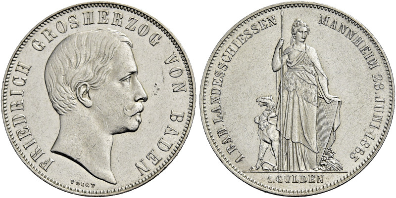 BADEN - DURLACH. 
Friedrich I., 1852 / 1856 - 1907. Gulden 1863, Karlsruhe. Auf...