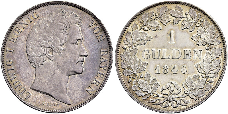 BAYERN. 
Ludwig I., 1825 - 1848. Gulden 1846, München. Büste nach rechts, darun...