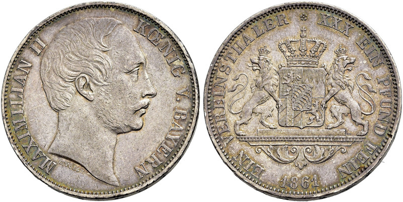 BAYERN. 
Maximilian II., 1848 - 1864. Vereinstaler 1861, München. Kopf nach rec...