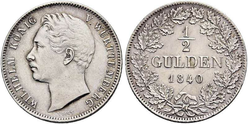 WÜRTTEMBERG. 
Wilhelm I., 1816 - 1864. 1/2 Gulden 1840, Stuttgart. Büste nach l...