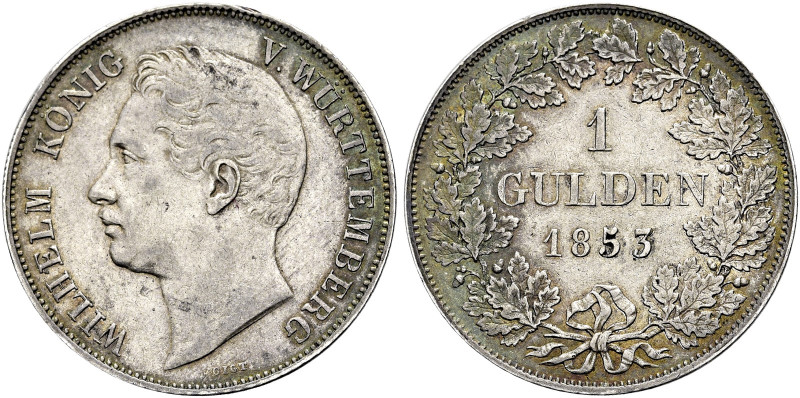 WÜRTTEMBERG. 
Wilhelm I., 1816 - 1864. Gulden 1853, Stuttgart. Büste nach links...