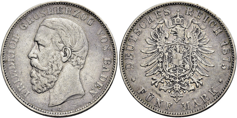 REICHSSILBERMÜNZEN. BADEN 
Friedrich I., 1856-1907. 5 Mark 1875 G, Karlsruhe. K...