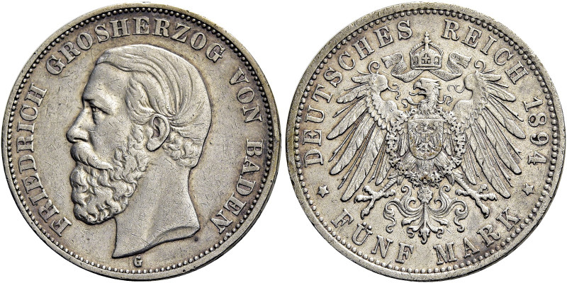 REICHSSILBERMÜNZEN. BADEN 
Friedrich I., 1856-1907. 5 Mark 1894 G, Karlsruhe. K...