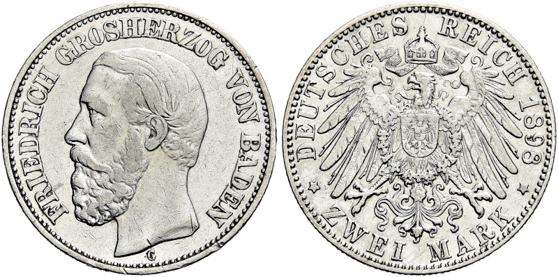 REICHSSILBERMÜNZEN. BADEN 
Friedrich I., 1856-1907. 2 Mark 1898 G, Karlsruhe. K...