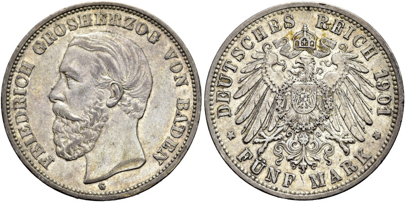 REICHSSILBERMÜNZEN. BADEN 
Friedrich I., 1856-1907. 5 Mark 1901 G, Karlsruhe. K...