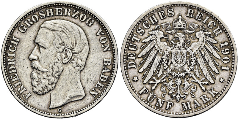 REICHSSILBERMÜNZEN. BADEN 
Friedrich I., 1856-1907. 5 Mark 1901 G, Karlsruhe. K...