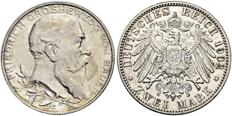 REICHSSILBERMÜNZEN. BADEN 
Friedrich I., 1856-1907. 2 Mark 1902 (G), Karlsruhe....