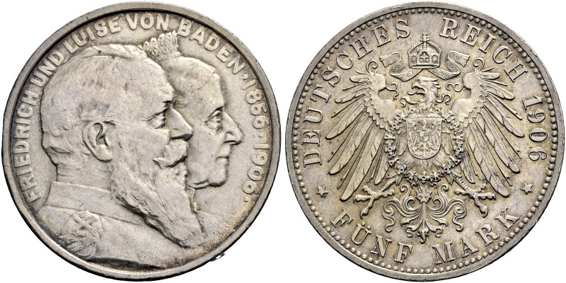 REICHSSILBERMÜNZEN. BADEN 
Friedrich I., 1856-1907. 5 Mark 1906 (G), Karlsruhe....