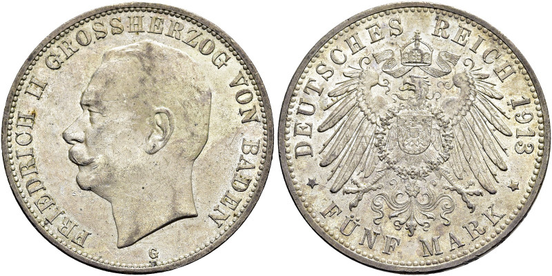 REICHSSILBERMÜNZEN. BADEN 
Friedrich II., 1907-1918. 5 Mark 1913 G, Karlsruhe. ...