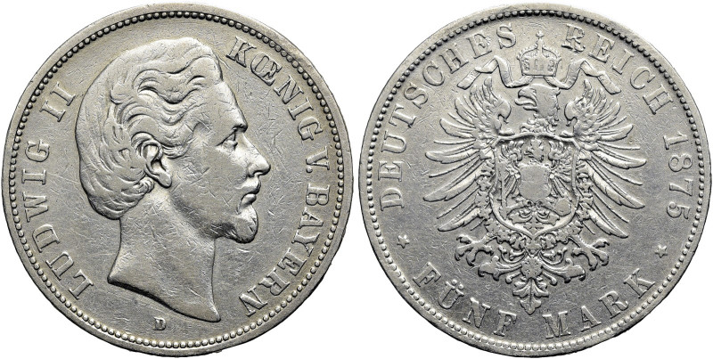 REICHSSILBERMÜNZEN. BAYERN 
Ludwig II., 1864-1886. 5 Mark 1875 D, München. Kopf...