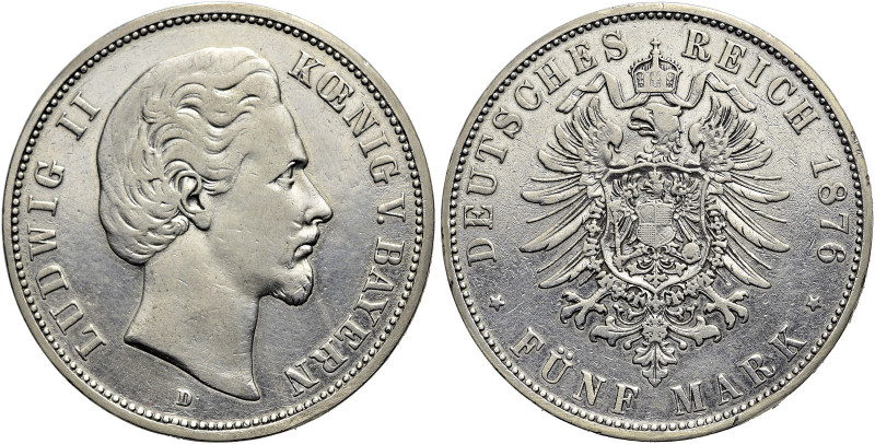 REICHSSILBERMÜNZEN. BAYERN 
Ludwig II., 1864-1886. 5 Mark 1876 D, München. Kopf...