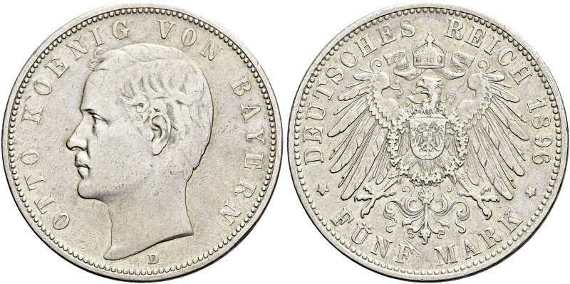 REICHSSILBERMÜNZEN. BAYERN 
Otto II., 1886-1913. 5 Mark 1896 D, München. Kopf n...