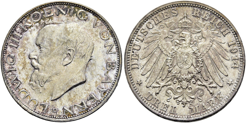 REICHSSILBERMÜNZEN. BAYERN 
Ludwig III., 1913-1918. 3 Mark 1914 D, München. Kop...