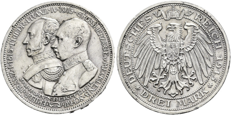 REICHSSILBERMÜNZEN. MECKLENBURG - SCHWERIN 
Friedrich Franz IV., 1897-1918. 3 M...