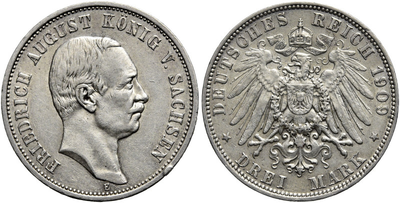 REICHSSILBERMÜNZEN. SACHSEN 
Friedrich August III., 1904-1918. 3 Mark 1909 E, M...